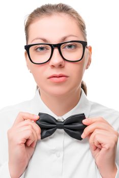 woman with glasses and a butterfly close-up portrait on a white background