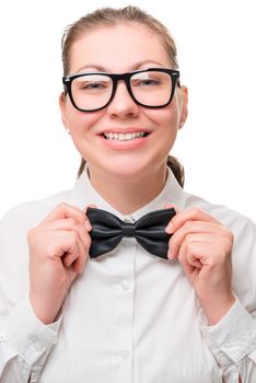 happy girl with a beautiful smile correcting tie around the neck