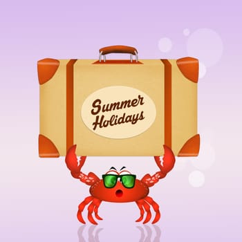 illustration of crab with luggage for the summer holidays