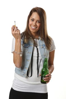 twenty something girl in trendy outfit, with a cigarette and a green bottle of beer