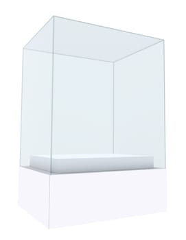Glass cube on white background, side view. 3D rendering