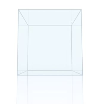 Transparent box with reflection on floor. Isolated on white background. 3D rendering