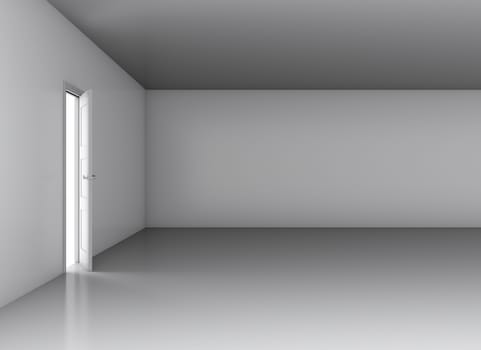 White opened door in empty room. 3D rendering