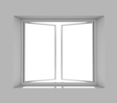 Clean gray wall with opened window. 3D rendering