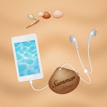 illustration of smartphone with headphones earphones on the beach in summer