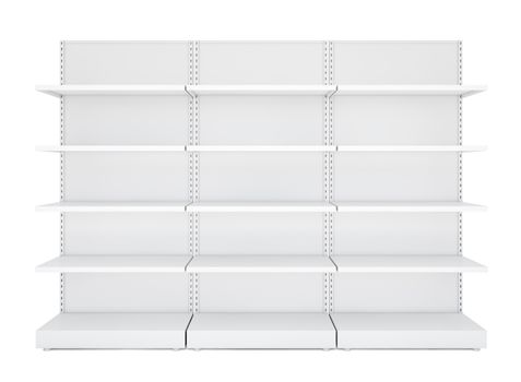 Three white blank empty retail shelves. Front View. Isolated on white background. Template for business or web design. 3D illustration