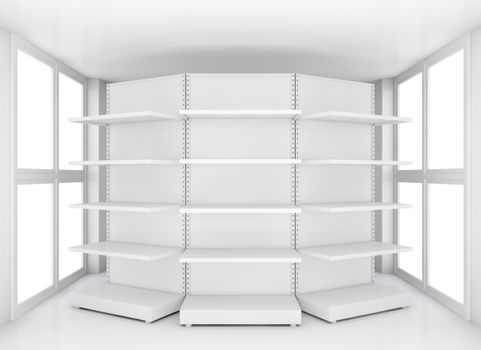 Retail shelves for samples product in blank clean interior room with large windows. 3d rendering