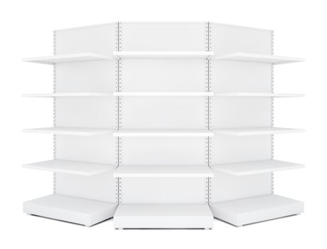 Three rounded blank empty retail shelves. White Background. 3D illustration