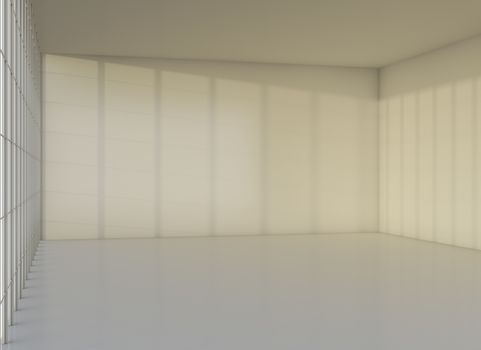 3D rendering modern empty interior office room with large window and shadows on walls