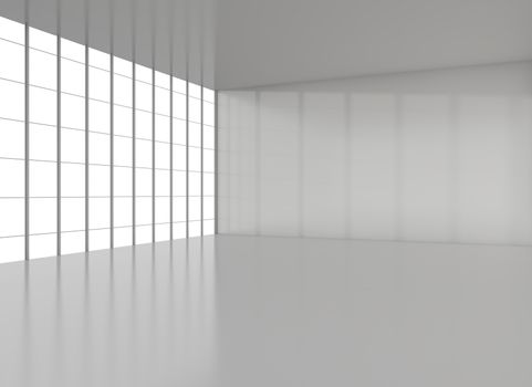 Empty modern loft with floor, ceiling and big window. Exhibition room. 3D illustration