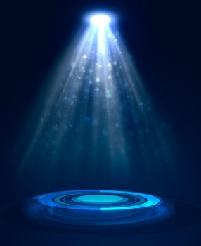 Abstract blue light background. Spotlight illumination floor. Exhibition template