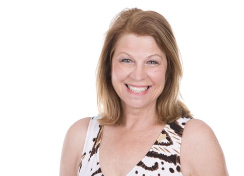 middle aged caucasian woman wearing summer dress on white background