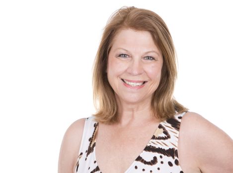 middle aged caucasian woman wearing summer dress on white background