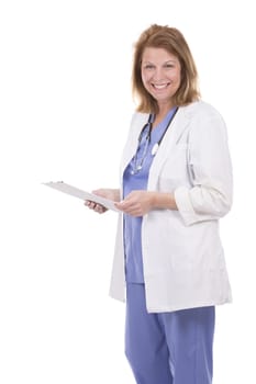 caucasian woman wearing doctor's scrubs on white background