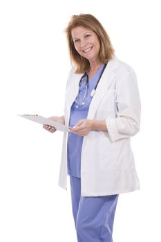 caucasian woman wearing doctor's scrubs on white background