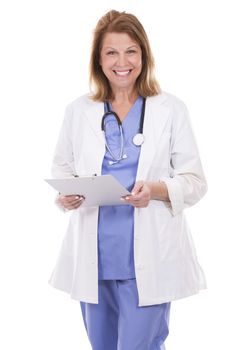 caucasian woman wearing doctor's scrubs on white background