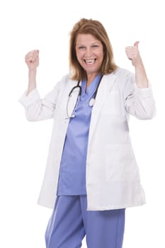 caucasian woman wearing doctor's scrubs on white background