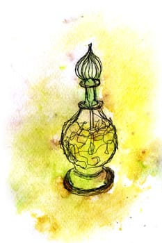 Beautiful bottle of perfume. Hand drawing watercolor and ink