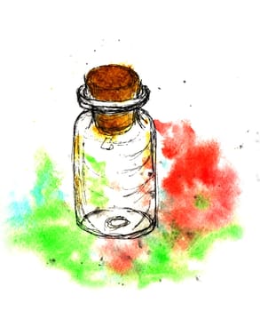 Small bottle with a stopper cork. Hand drawing watercolor and ink