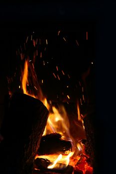 Crest of flame on burning wood in fireplace close up