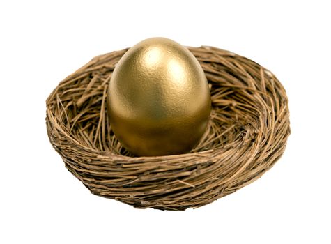 The perfect golden egg resting in a little nest and isolated on a white background