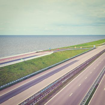  Modern Highway on the Protective Dam in Netherlands, Retro Effect