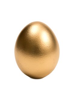 Close up shot of the perfect golden egg.  Isolated on a white background