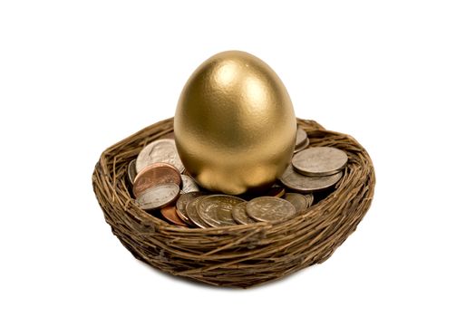 Nest full of coins with golden egg standing on top.  Isolated on white