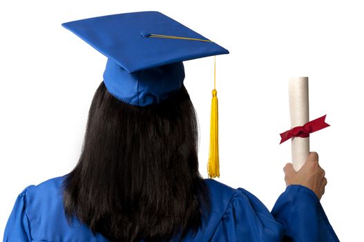 Horizontal shot of female graduate from the back holding a diploma on white background