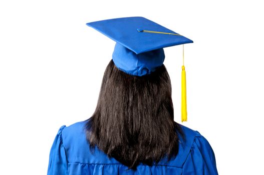 Female graduate in blue cap & gown seen from the back and isolated on white