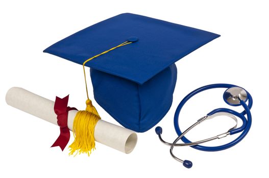 Horizontal shot of a blue graduation cap with stethoscope and diploma.