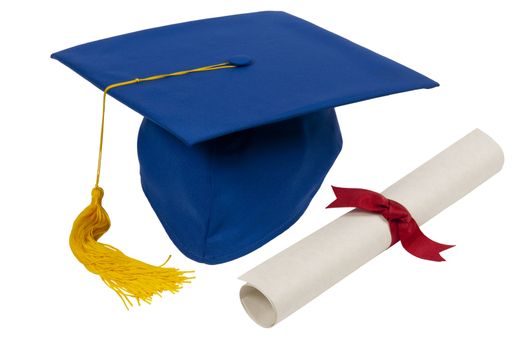 Blue graduation cap with gold tassel and diploma with red ribbon.  Isolated on white