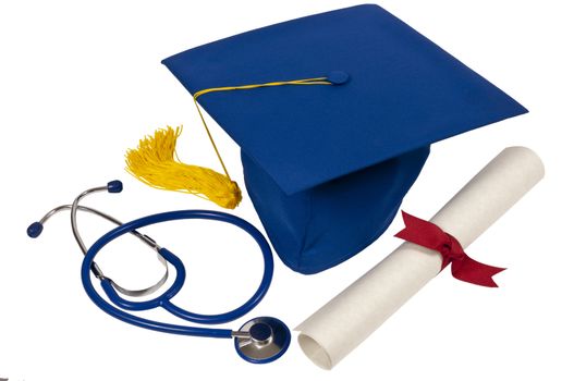 Blue graduation cap with stethoscope and diploma with gold tassel