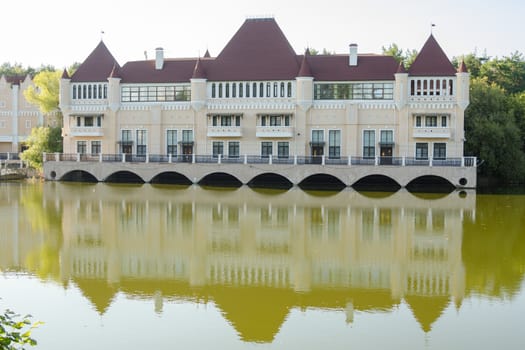 Moscow, Russia - August 11, 2015: A beautiful building - the castle on the lake in the territory of the Exhibition Center, Moscow, Prospekt Mira, REC, 119, page 511