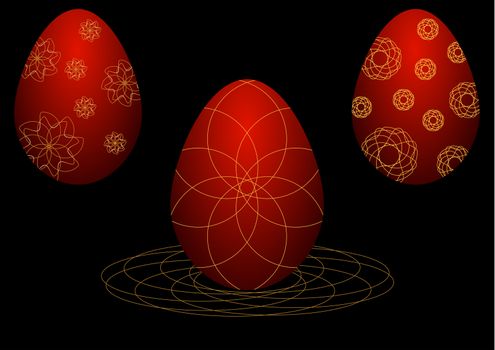 Collection of vector Easter eggs on a gold plate on a black background