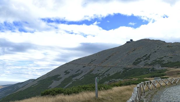 blue sky summer  mountain scene, trip on top snezka