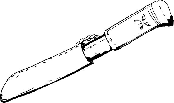 Hand drawn outline drawing of a single Saami hunting knife with holster