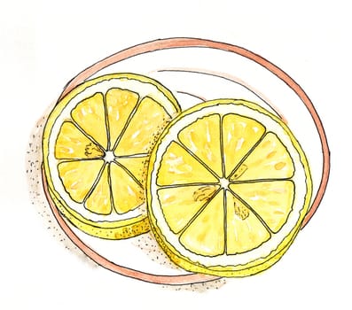 Watercolor drawing - lemon slices on a plate. Juicy citrus. Healthy eating. Adding to tea