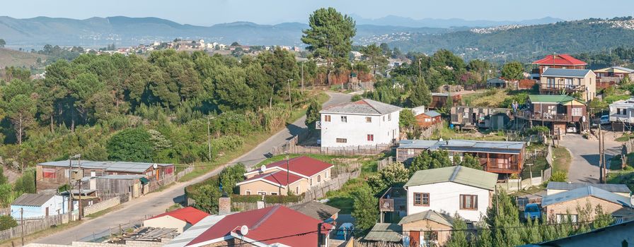 KNYSNA, SOUTH AFRICA - MARCH 5, 2016: Panorama of Sunridge, a township in the northern part of Knysna, showing several houses