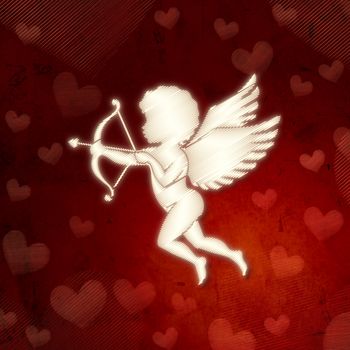 cupid silhouette with bow and arrow and hearts over red old paper, celebration holiday valentine card