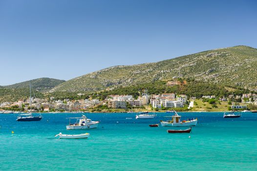 Porto Rafti harbor view with fisher boats during springtime, Greece