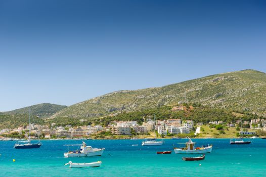 Porto Rafti harbor view with fisher boats during springtime, Greece