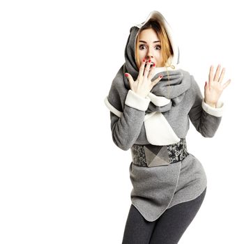 Portrait of a truly astonished woman. Studio shot. Isolated on white background.