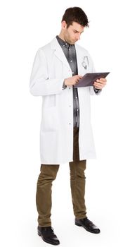 Doctor holding blank digital tablet with copy space and clipping path for the screen