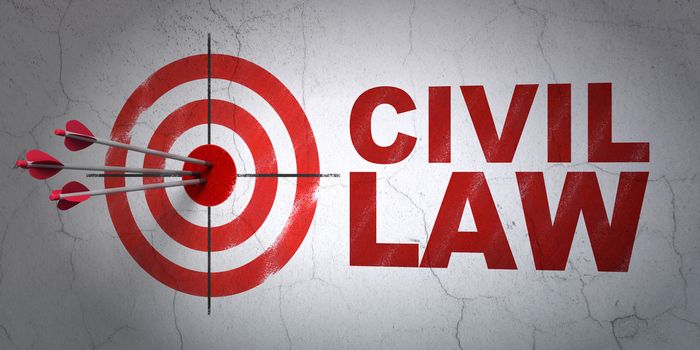 Success law concept: arrows hitting the center of target, Red Civil Law on wall background, 3D rendering