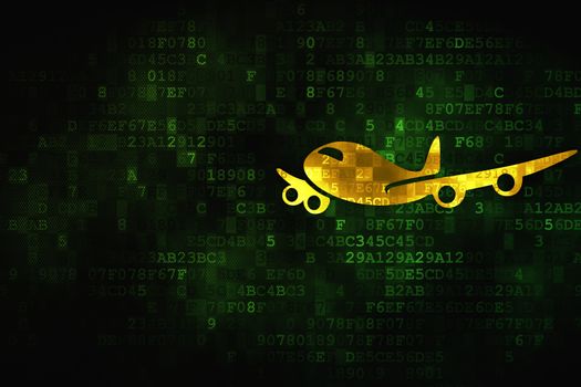 Tourism concept: pixelated Airplane icon on digital background, empty copyspace for card, text, advertising