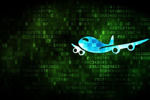 Tourism concept: pixelated Airplane icon on digital background, empty copyspace for card, text, advertising