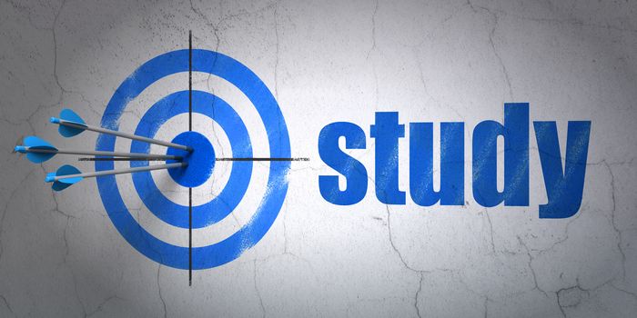 Success Education concept: arrows hitting the center of target, Blue Study on wall background, 3D rendering