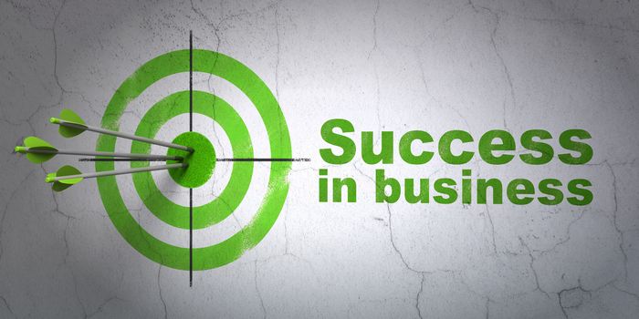 Success business concept: arrows hitting the center of target, Green Success In business on wall background, 3D rendering