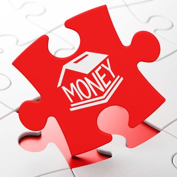Banking concept: Money Box on Red puzzle pieces background, 3D rendering